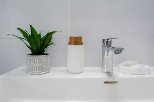 um lavatório branco com uma garrafa e uma planta sobre ele em Leukòs Bed and Breakfast em Castelsaraceno