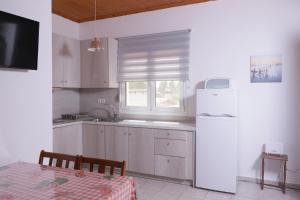 a kitchen with a refrigerator and a table and a window at Dimitra House in Metamorfosi