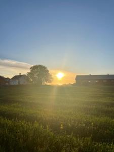 un campo con la puesta de sol en el horizonte en Charming coastal house with an ocean view, en Garten