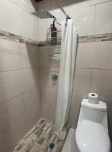 a bathroom with a toilet and a shower with a shower curtain at Mia Volcan in Volcán