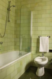 y baño con ducha, aseo y bañera. en Villa Inella, en Oggiono