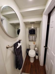 a small bathroom with a toilet and a mirror at The Cozy Caribou - Frontier Village in North Pole