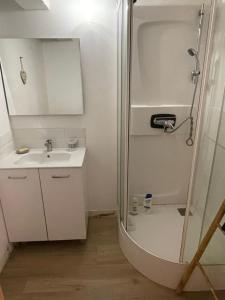 een badkamer met een douche, een wastafel en een spiegel bij Cosy T2 Chatelaillon proche de la plage in Yves