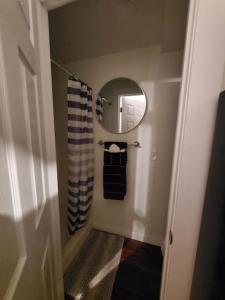 a bathroom with a mirror and a shower curtain at The Fancy Fox - Frontier Village in North Pole