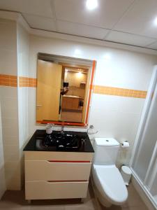 ein Badezimmer mit einem WC, einem Waschbecken und einem Spiegel in der Unterkunft Romántico Daimús 2 in Daimús