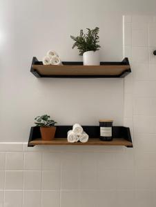 a shelf in a bathroom with towels and plants at Brooklyn Studios By The Beach in Brooklyn