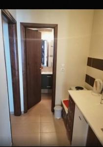 a kitchen with a door to a bathroom with a sink at Evergreen Suites in Synikia Mesi Trikalon