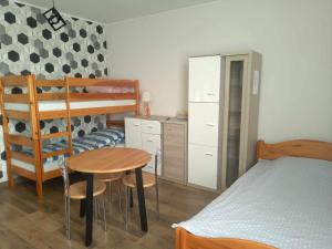 a bedroom with a bed and a table and a bunk bed at Agroturystyka Goliat in Zapolice