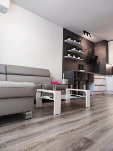 een woonkamer met een bank en een tafel bij NEW Luxury 2 bedroom apartment, fully airconditioned, near the airport, FREE Parking in Bratislava