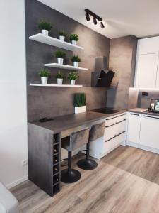 a kitchen with a desk with plants on the wall at NEW Luxury 2 bedroom apartment, fully airconditioned, near the airport, FREE Parking in Bratislava