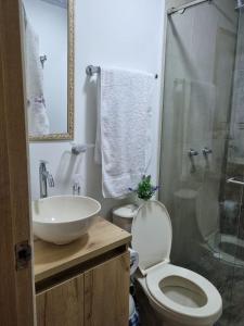 een badkamer met een wastafel, een toilet en een douche bij Apartahotel AMARU in San Gil +17 foto's