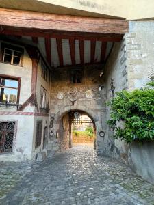 una entrada a un edificio de piedra con un arco en Bregenz Uptown Jewel, en Bregenz