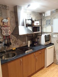 uma pequena cozinha com um lavatório e um micro-ondas em APARTAMENTO FAMILIAR Sierra DELUXE em Serra Nevada
