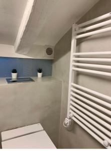 ein Badezimmer mit WC und ein Regal mit Pflanzen in der Unterkunft LITTLE SKY in Madrid
