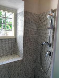 a shower in a bathroom with a window at San domenico 18 in Florence