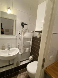 uma casa de banho com um lavatório, um WC e um espelho. em Apartment mit Terrasse iP-TV Stellplatz em Krefeld