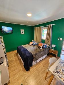 1 dormitorio con 1 cama con pared verde en Casa 24 Puerto Iguazu en Puerto Iguazú