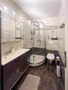 een badkamer met een douche, een wastafel en een toilet bij Appart'Hotel Le Maréchal - 3 frontières & Netflix in Huningue
