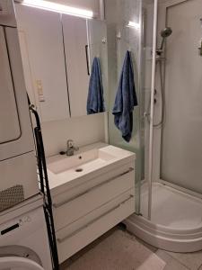 a bathroom with a sink and a shower at Koselig sentrumsnær leilighet in Tromsø