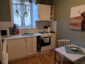 a small kitchen with a stove and a table at Koselig sentrumsnær leilighet in Tromsø