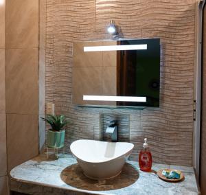 La salle de bains est pourvue d'un lavabo et d'un grand miroir. dans l'établissement Hotel Paraíso Encantado, à Xilitla