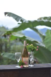- une bouteille de vin et deux verres sur une table dans l'établissement Eco-Glamping Panorama, à Monterrey
