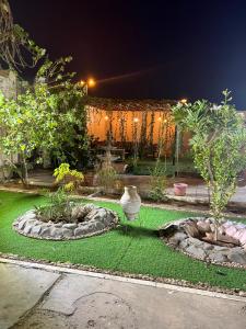 un giardino di notte con due grandi rocce e alberi di Villa Mans 2 a Al Ula