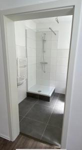 een badkamer met een douche en een glazen deur bij Im Zentrum, Modernes City Apartment in Würzburg