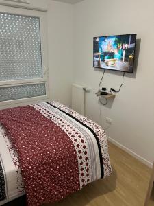 1 dormitorio con 1 cama y TV en la pared en Champions home, en Sarcelles
