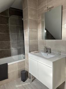 uma casa de banho com um lavatório, um espelho e uma banheira em Le cosy cottage d'Alex em Ardon