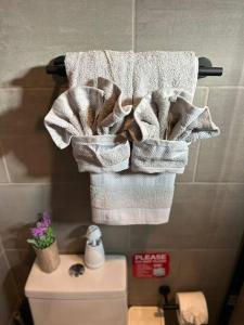 - un ensemble de serviettes suspendues sur un portant au-dessus des toilettes dans l'établissement Habitación 22 - Green Casitas, à Ensenada