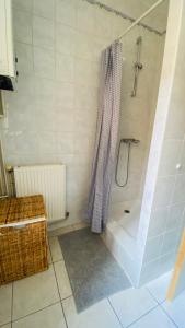 ein Bad mit einer Dusche mit einem lila Duschvorhang in der Unterkunft Appart hyper-centre, à 5 min à pieds de la gare in Longwy