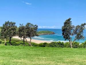 a view of a beach with trees and the ocean at Rockpool Escape - A Coastal Refresh near the Marina in Shellharbour