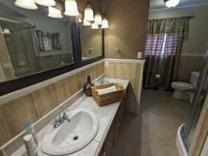 a bathroom with a sink and a toilet and a mirror at Lovely Place in Kingston