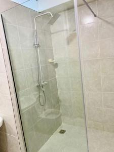 a shower with a glass door in a bathroom at OlliebeierArtApartment Charming recently refurbished three-bedroom apartment located in VI in Lagos