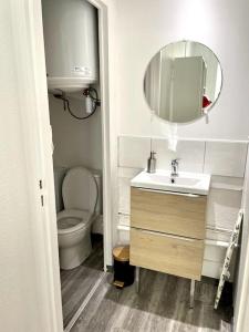 bagno con servizi igienici, lavandino e specchio di La Cornaline a Vesoul