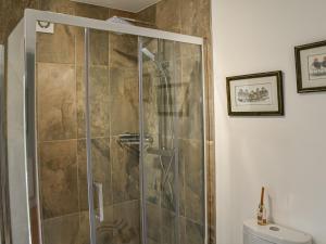 a shower with a glass door in a bathroom at Chestnut Lodge in Old Buckenham