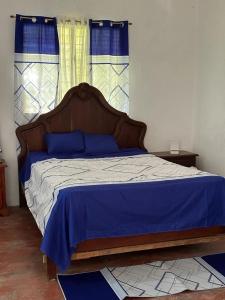 a bedroom with a bed with blue sheets and a window at Amalia's House in Los Manaderos