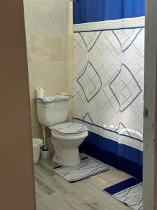 a bathroom with a toilet and a shower curtain at Amalia's House in Los Manaderos