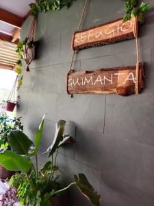ビクーニャにあるRefugio Guimantaの植物の壁面に数本の看板
