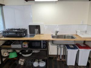 eine Küchentheke mit einer Spüle und einer Mikrowelle in der Unterkunft 下呂スプリングスロッジ in Gero