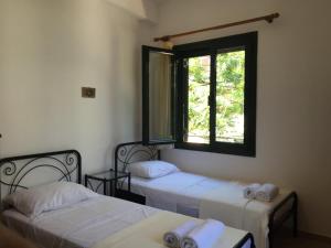 two beds in a room with a window at Icthyoessa in Agios Kirykos