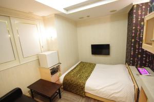 a small hotel room with a bed and a tv at Hotel PRINCESS2 大人専用 in Tokyo