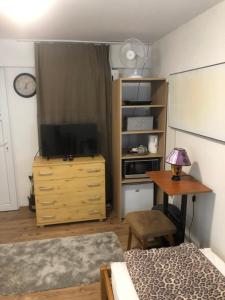 1 dormitorio con 1 cama y escritorio con TV en Nyugalom Pihenő, en Kisújszállás