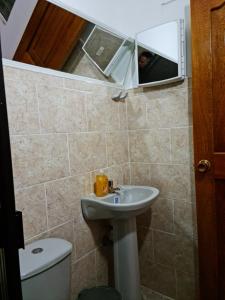 a bathroom with a sink and a mirror and a toilet at NEW COZY APARTMENT 101 IN MEDELLIN, ENVIGADO in Envigado
