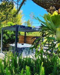 un banc en bois dans un jardin avec des plantes dans l'établissement Le Chakouat, à Cilaos