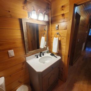 een badkamer met een wastafel en een spiegel bij Evergreen Retreat in Fleetwood