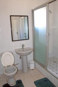 a bathroom with a toilet and a sink and a shower at Fatmols Hotels in Lusaka