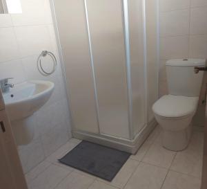 Un baño con ducha, inodoro y lavabo. en The T Villa, en Protaras