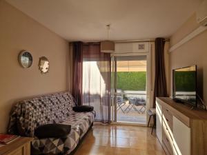 a living room with a couch and a television at Apartament Ca la Rosa in L'Ampolla